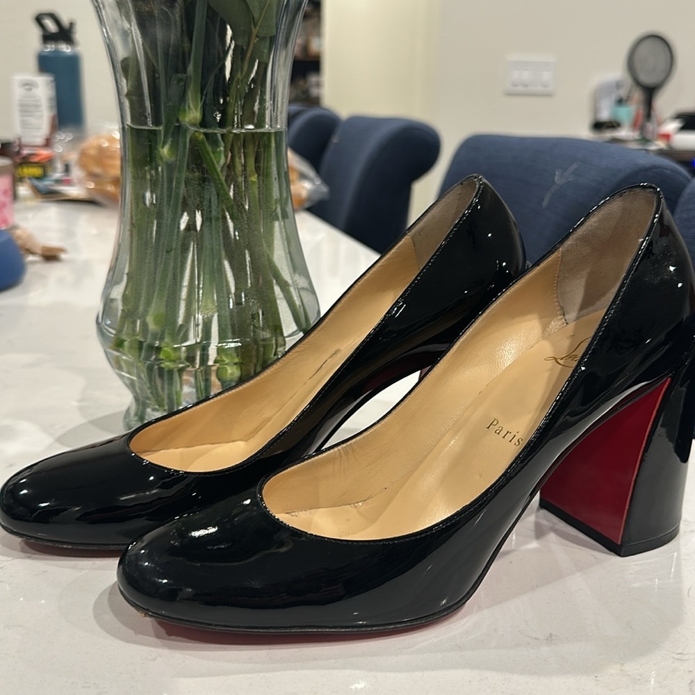 Stunning patent leather block heel Louboutins - super comfy and easy to wear
